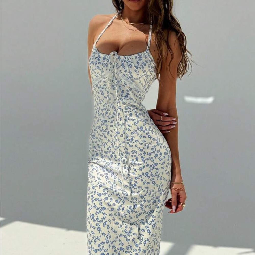 SHEIN White and Blue Halter Bodycon Dress